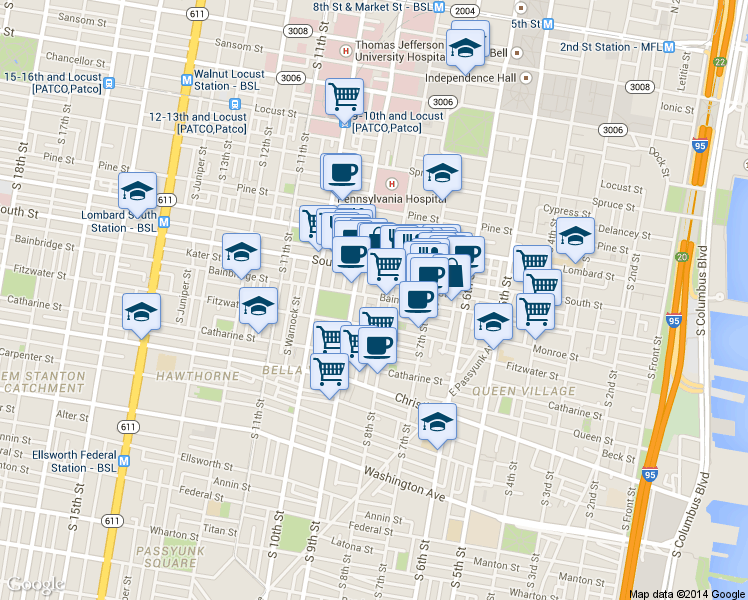 map of restaurants, bars, coffee shops, grocery stores, and more near 824 South Street in Philadelphia