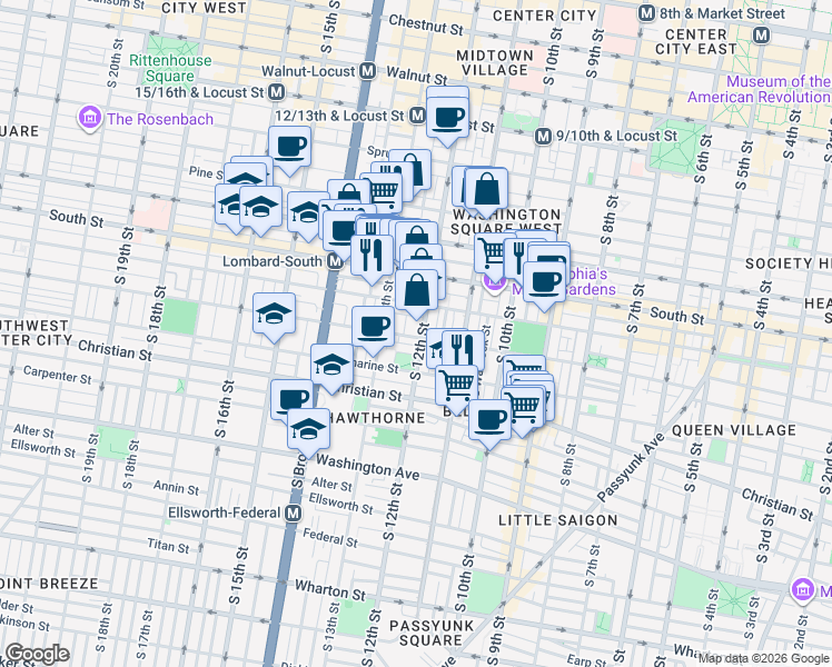 map of restaurants, bars, coffee shops, grocery stores, and more near 711 South 12th Street in Philadelphia
