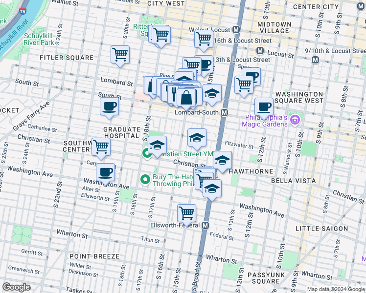 map of restaurants, bars, coffee shops, grocery stores, and more near 742 South 16th Street in Philadelphia