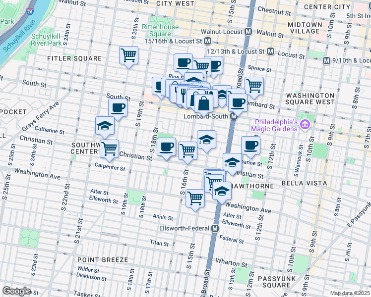 map of restaurants, bars, coffee shops, grocery stores, and more near 742 South 16th Street in Philadelphia