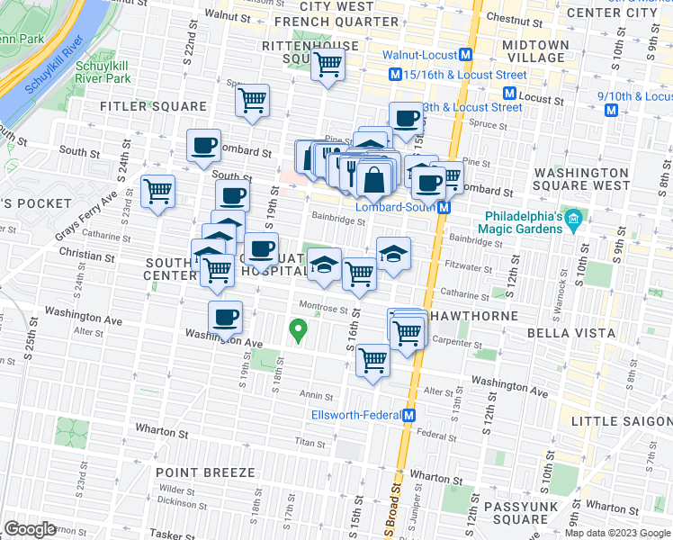 map of restaurants, bars, coffee shops, grocery stores, and more near 740 South 17th Street in Philadelphia