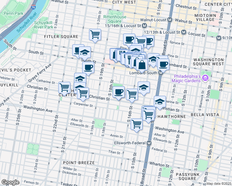 map of restaurants, bars, coffee shops, grocery stores, and more near 740 South 17th Street in Philadelphia