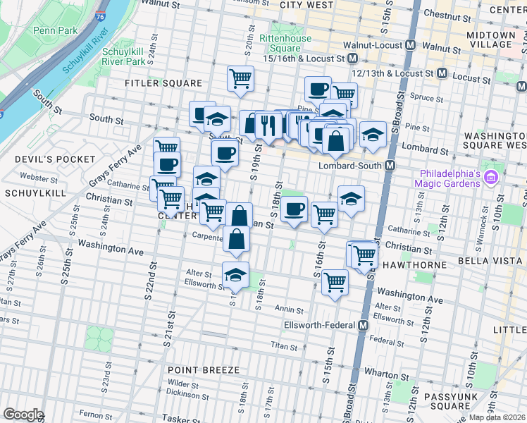 map of restaurants, bars, coffee shops, grocery stores, and more near 764 South 18th Street in Philadelphia