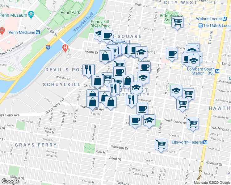 map of restaurants, bars, coffee shops, grocery stores, and more near 2212 Madison Square in Philadelphia