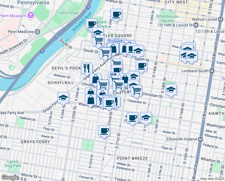 map of restaurants, bars, coffee shops, grocery stores, and more near 2212 Madison Square in Philadelphia