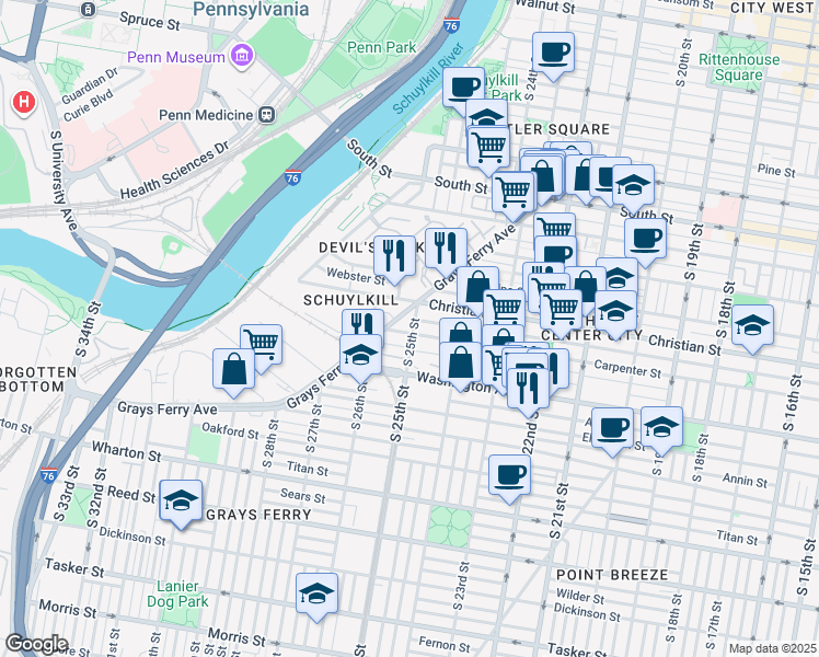 map of restaurants, bars, coffee shops, grocery stores, and more near 908 South 25th Street in Philadelphia