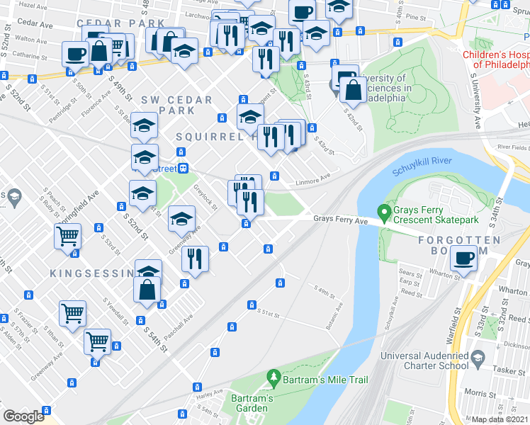 map of restaurants, bars, coffee shops, grocery stores, and more near in Philadelphia