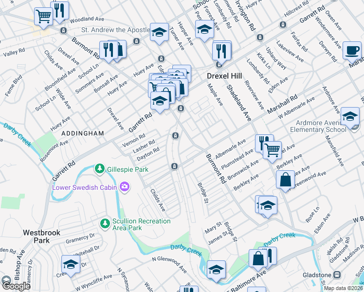 map of restaurants, bars, coffee shops, grocery stores, and more near 330 Burmont Road in Drexel Hill
