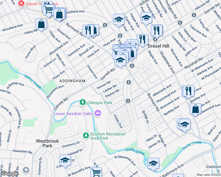 map of restaurants, bars, coffee shops, grocery stores, and more near 4015 Lasher Road in Drexel Hill