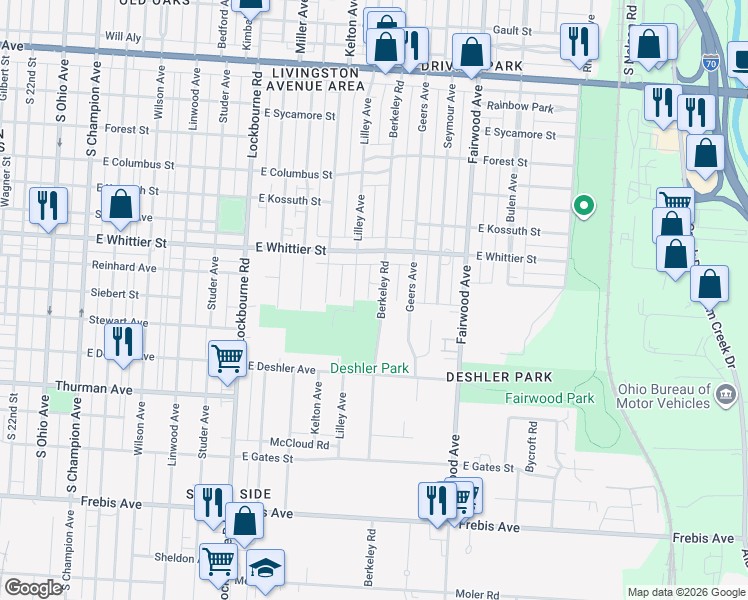 map of restaurants, bars, coffee shops, grocery stores, and more near 1198 Berkeley Road in Columbus