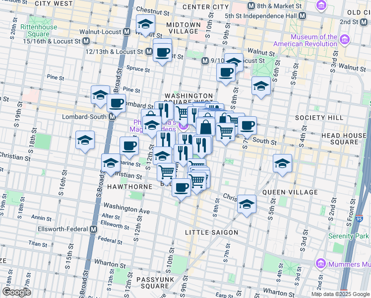 map of restaurants, bars, coffee shops, grocery stores, and more near 714 South 10th Street in Philadelphia