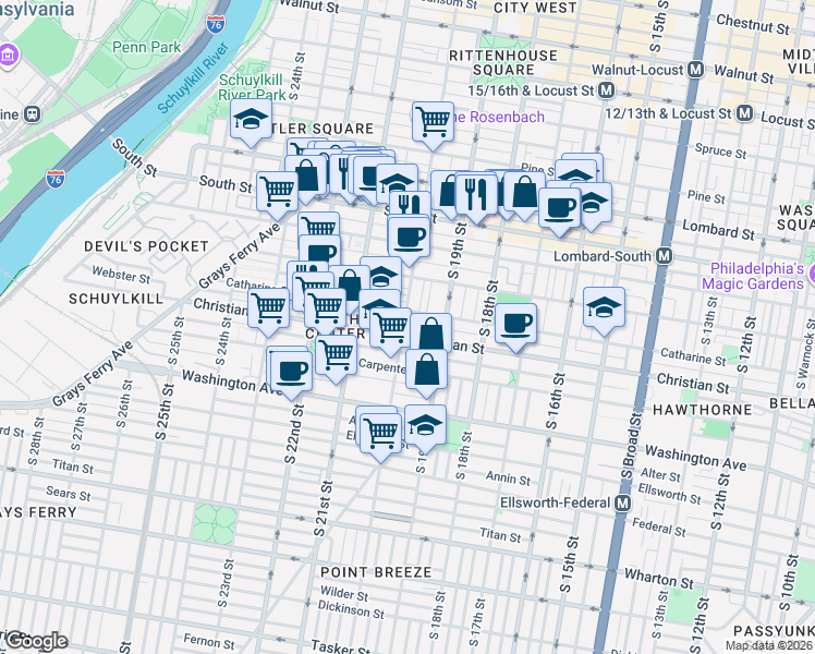 map of restaurants, bars, coffee shops, grocery stores, and more near 777 South 20th Street in Philadelphia