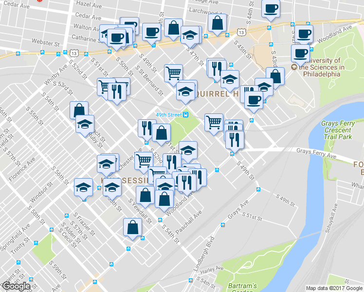 map of restaurants, bars, coffee shops, grocery stores, and more near 5024 Kingsessing Avenue in Philadelphia