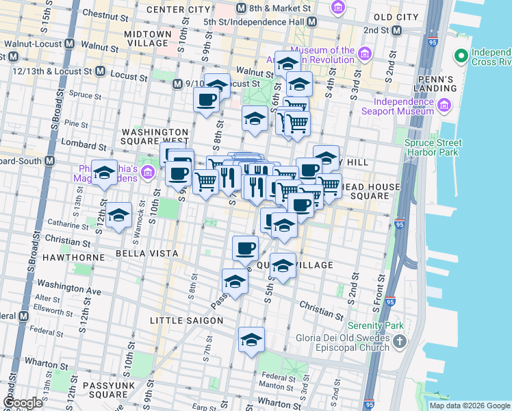 map of restaurants, bars, coffee shops, grocery stores, and more near 617 South Street in Philadelphia
