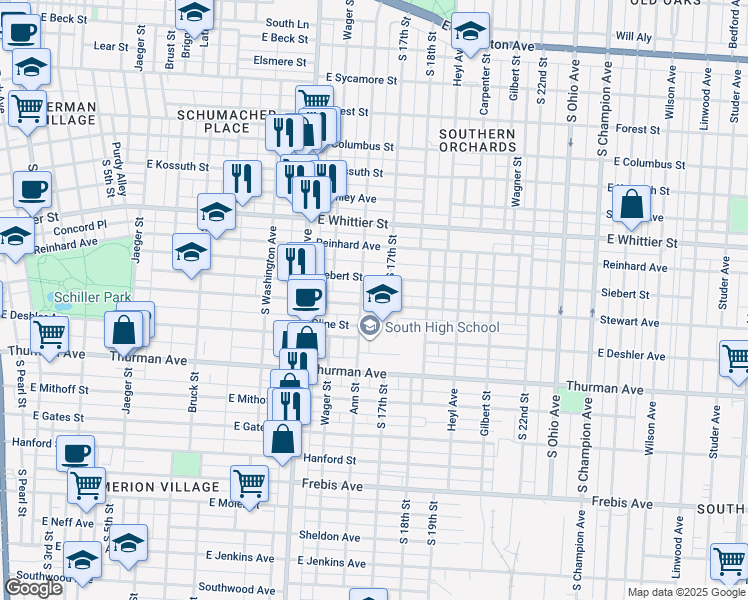 map of restaurants, bars, coffee shops, grocery stores, and more near 606 Stewart Avenue in Columbus