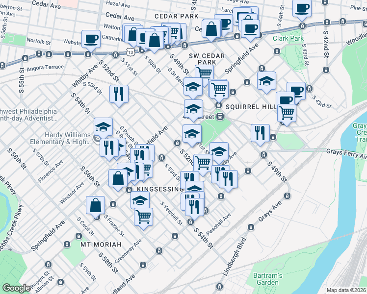 map of restaurants, bars, coffee shops, grocery stores, and more near 1309 South 52nd Street in Philadelphia