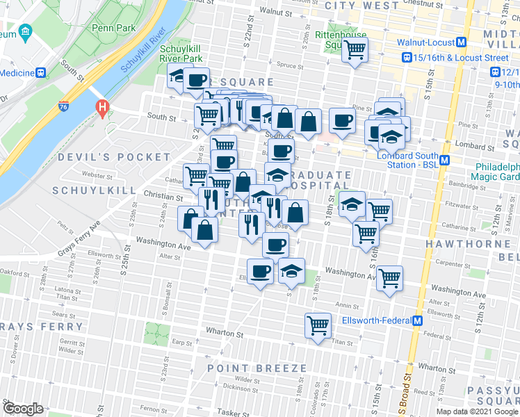 map of restaurants, bars, coffee shops, grocery stores, and more near 2027 Christian Street in Philadelphia