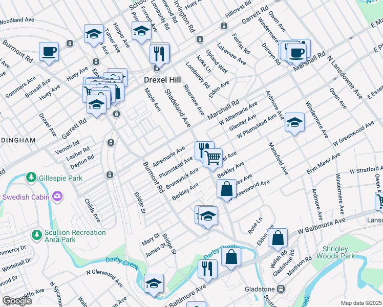 map of restaurants, bars, coffee shops, grocery stores, and more near 3219 Plumstead Avenue in Drexel Hill