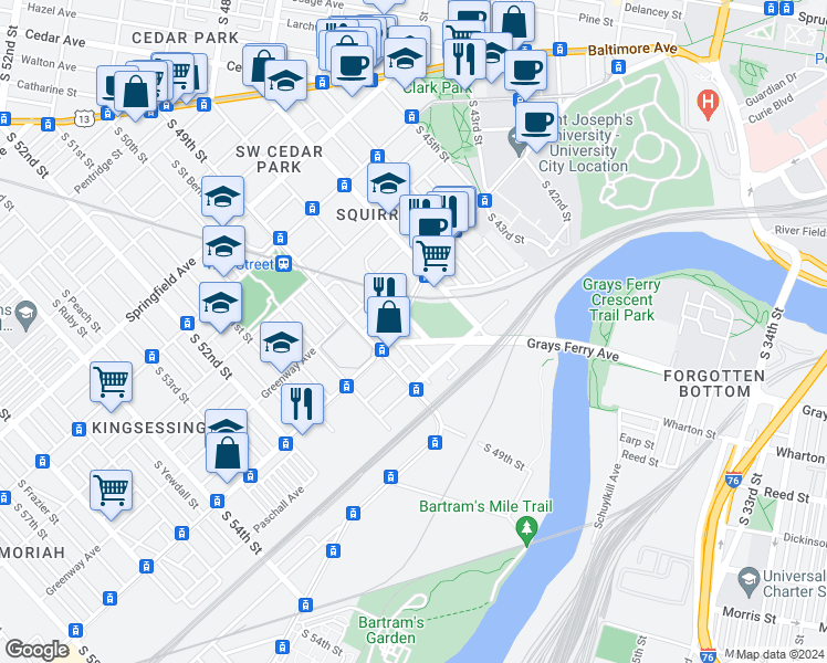 map of restaurants, bars, coffee shops, grocery stores, and more near 1416 South 48th Street in Philadelphia