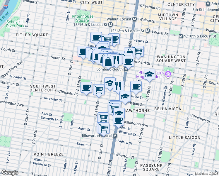 map of restaurants, bars, coffee shops, grocery stores, and more near 758 South 15th Street in Philadelphia
