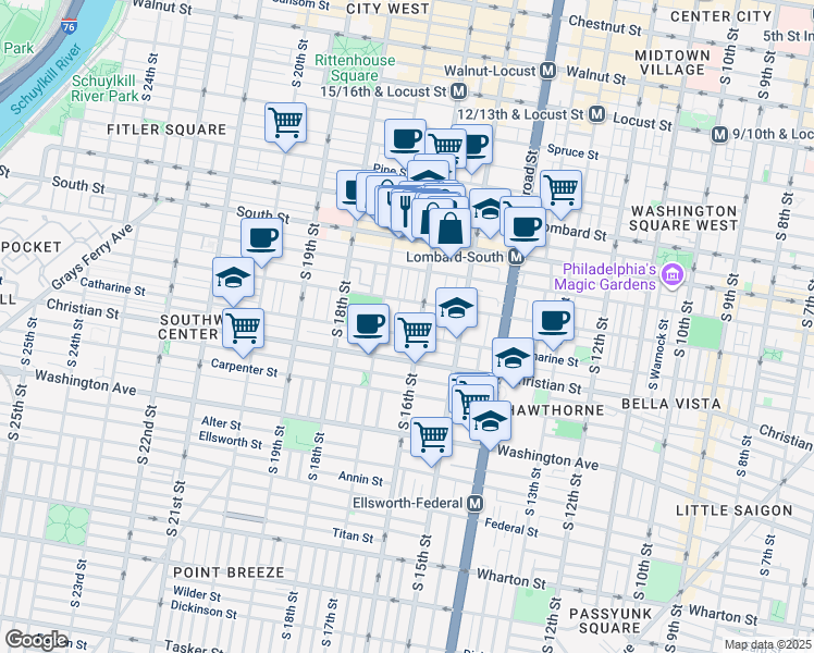map of restaurants, bars, coffee shops, grocery stores, and more near 1607 Catharine Street in Philadelphia