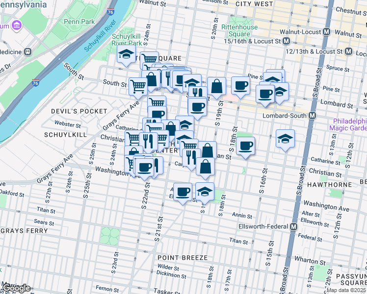 map of restaurants, bars, coffee shops, grocery stores, and more near 2025 Christian Street in Philadelphia