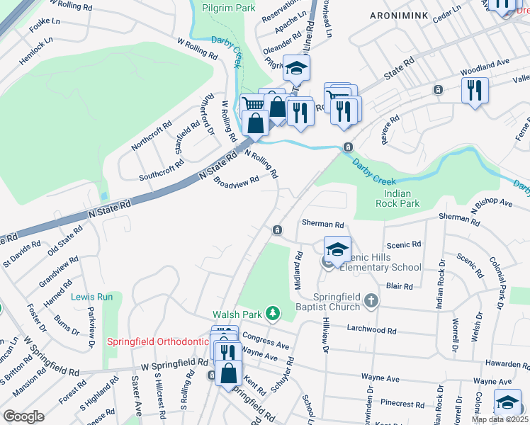 map of restaurants, bars, coffee shops, grocery stores, and more near 284 North Rolling Road in Springfield