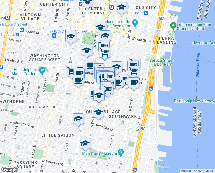 map of restaurants, bars, coffee shops, grocery stores, and more near 406 South Street in Philadelphia