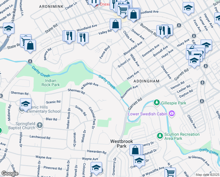 map of restaurants, bars, coffee shops, grocery stores, and more near 625 North Bishop Avenue in Springfield