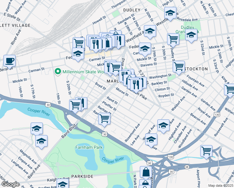 map of restaurants, bars, coffee shops, grocery stores, and more near 2418 Baird Boulevard in Camden