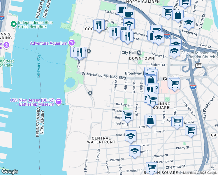 map of restaurants, bars, coffee shops, grocery stores, and more near 101 Stevens Court in Camden