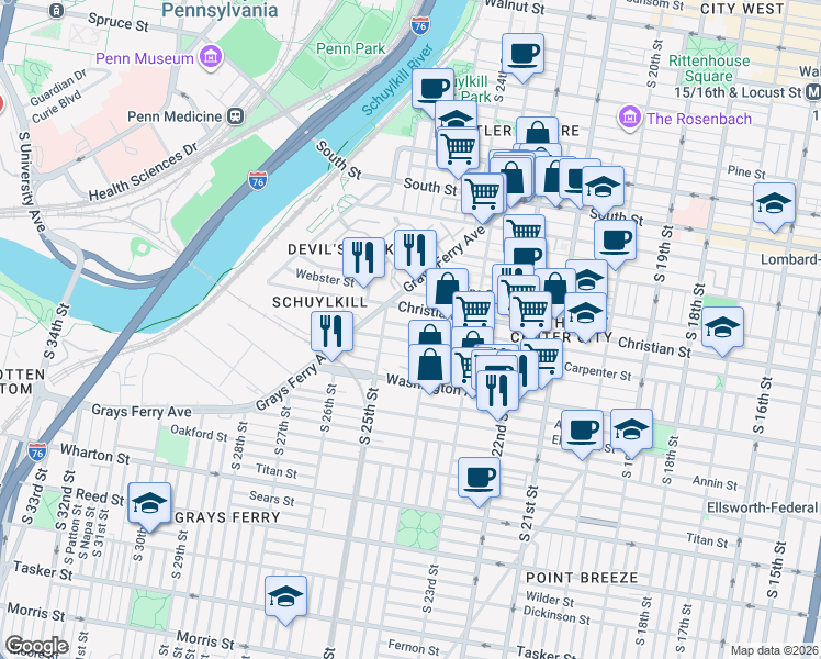 map of restaurants, bars, coffee shops, grocery stores, and more near 2424 Montrose Street in Philadelphia