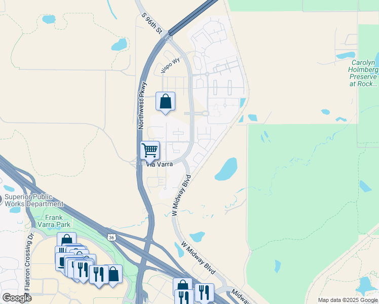 map of restaurants, bars, coffee shops, grocery stores, and more near 13472 Via Varra in Broomfield
