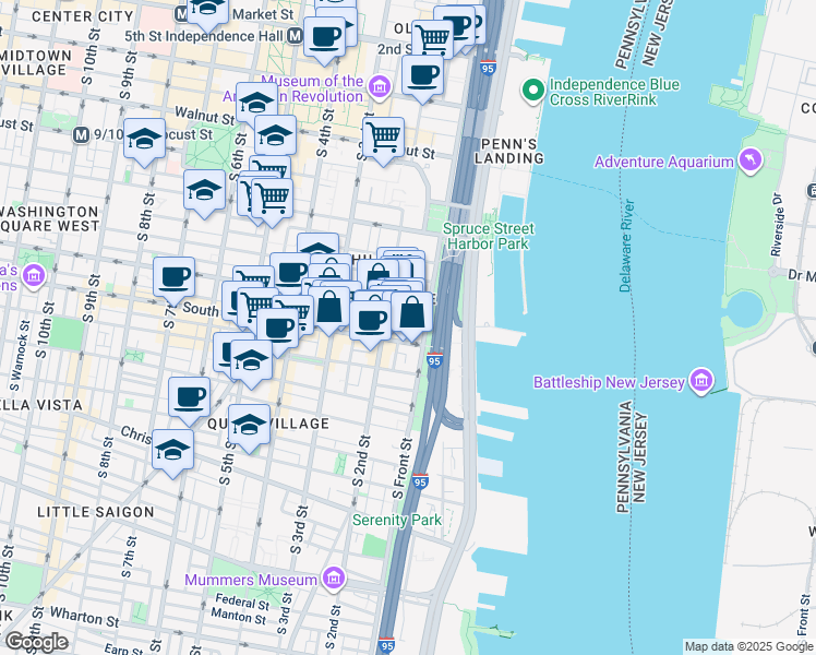 map of restaurants, bars, coffee shops, grocery stores, and more near 114-18 Naudain Street in Philadelphia