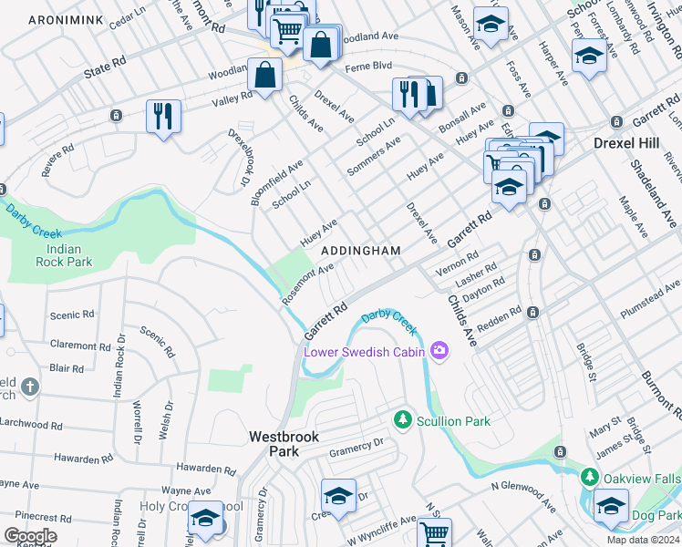 map of restaurants, bars, coffee shops, grocery stores, and more near 416 Blythe Avenue in Drexel Hill
