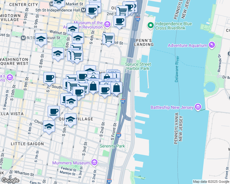 map of restaurants, bars, coffee shops, grocery stores, and more near 114-18 Naudain Street in Philadelphia