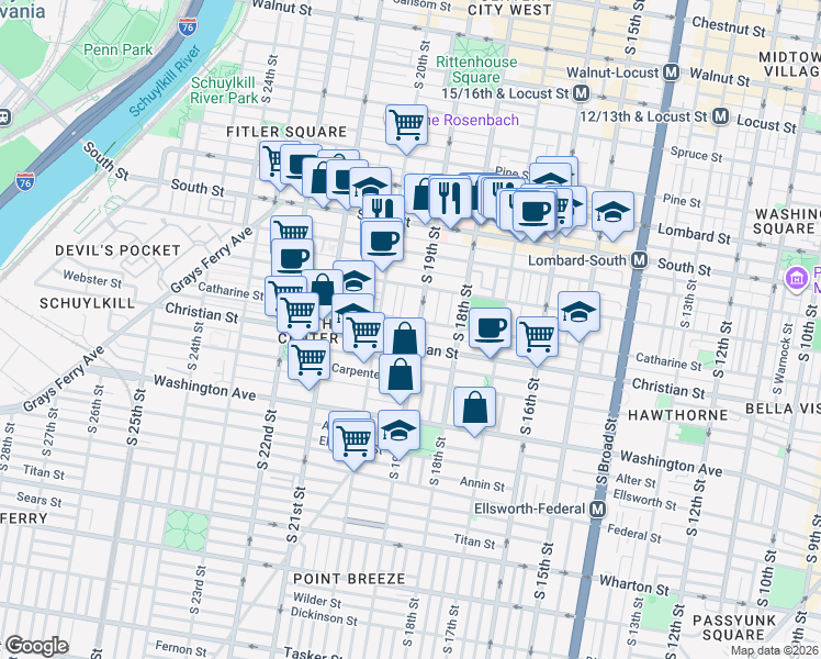 map of restaurants, bars, coffee shops, grocery stores, and more near 1903 Webster Street in Philadelphia