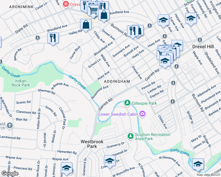map of restaurants, bars, coffee shops, grocery stores, and more near 416 Blythe Avenue in Drexel Hill