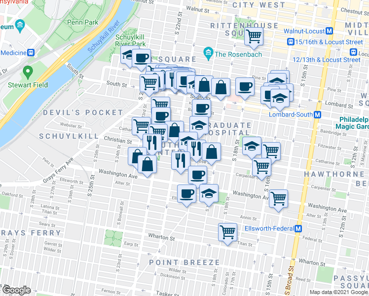 map of restaurants, bars, coffee shops, grocery stores, and more near 2035 Christian Street in Philadelphia