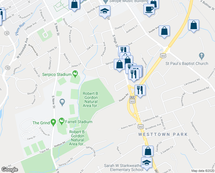 map of restaurants, bars, coffee shops, grocery stores, and more near 910 Sheridan Drive in West Chester