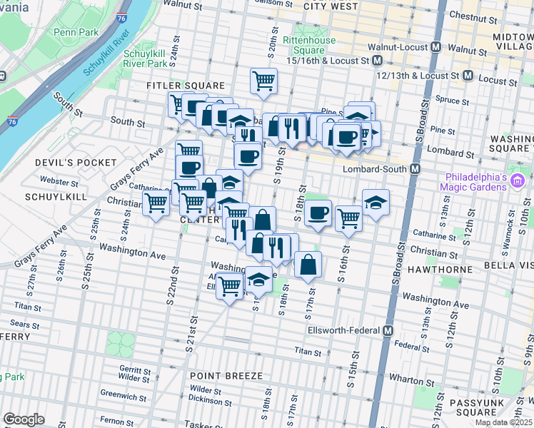 map of restaurants, bars, coffee shops, grocery stores, and more near 1903 Webster Street in Philadelphia