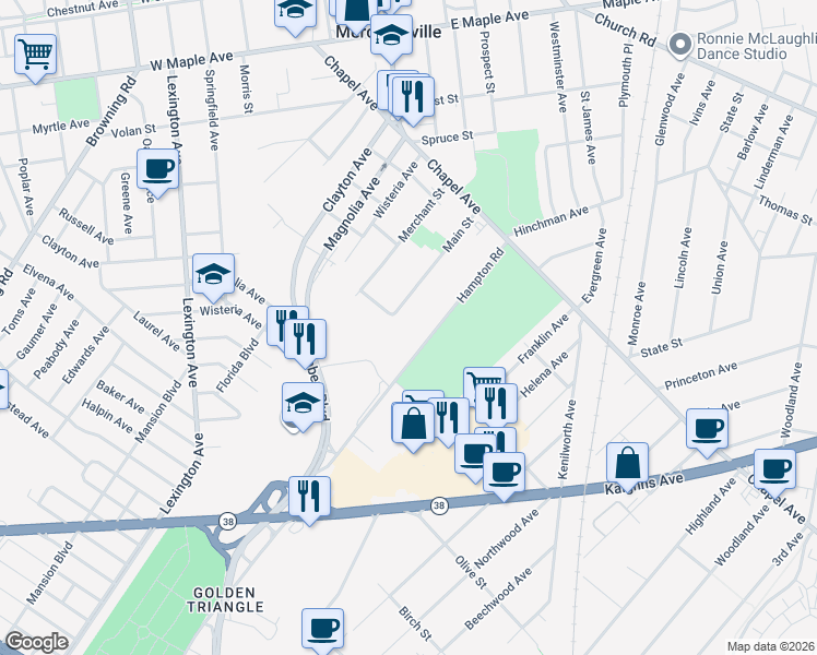 map of restaurants, bars, coffee shops, grocery stores, and more near 614 Hampton Road in Cherry Hill Township