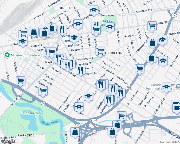 map of restaurants, bars, coffee shops, grocery stores, and more near 2933 Royden Street in Camden
