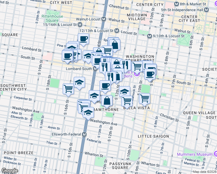 map of restaurants, bars, coffee shops, grocery stores, and more near 735 South 13th Street in Philadelphia