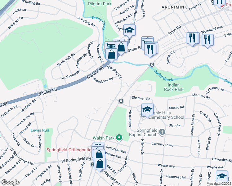 map of restaurants, bars, coffee shops, grocery stores, and more near 284 North Rolling Road in Springfield