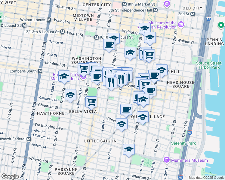 map of restaurants, bars, coffee shops, grocery stores, and more near 739 Bainbridge Street in Philadelphia