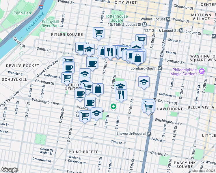 map of restaurants, bars, coffee shops, grocery stores, and more near 1818 Catharine Street in Philadelphia