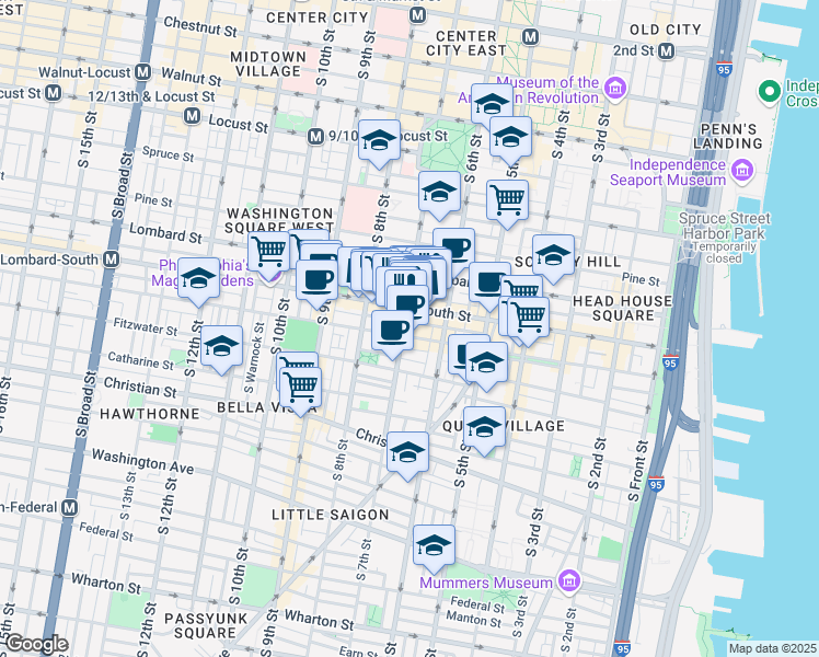 map of restaurants, bars, coffee shops, grocery stores, and more near 617 South 7th Street in Philadelphia