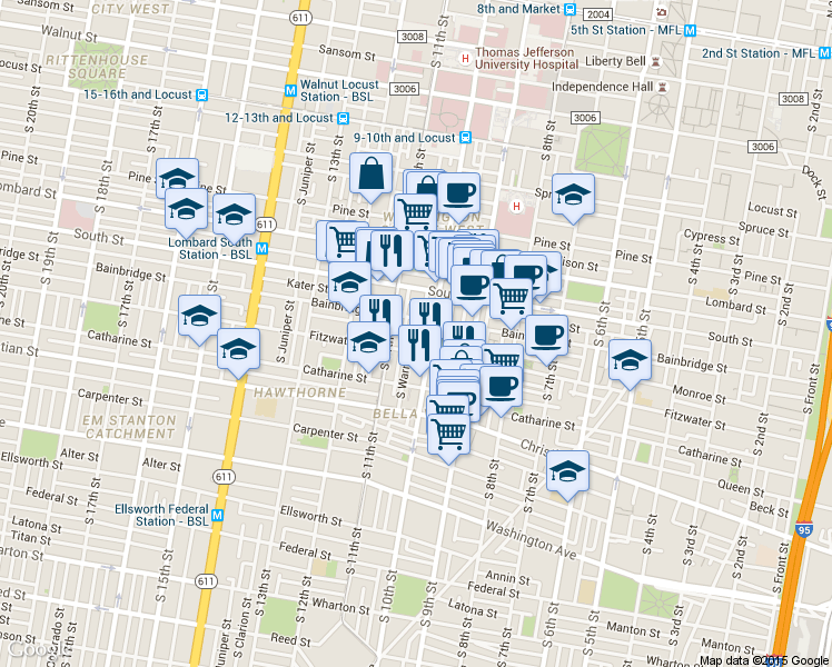 map of restaurants, bars, coffee shops, grocery stores, and more near 715 S Warnock St in Philadelphia
