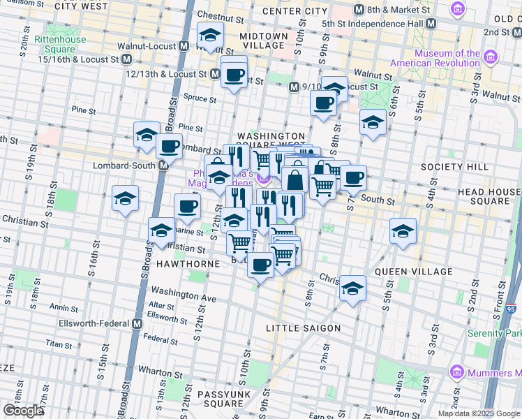 map of restaurants, bars, coffee shops, grocery stores, and more near 715 S Warnock St in Philadelphia